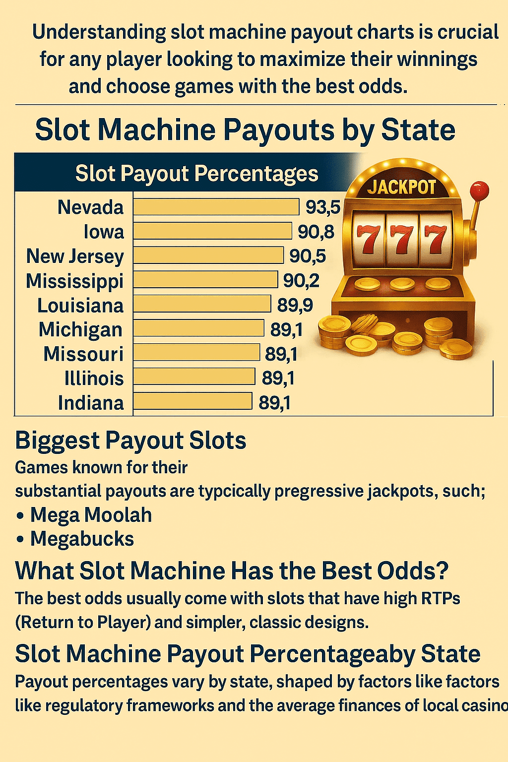 Slot machine payout chart infographic showing payout percentages by state, top jackpot slots like Mega Moolah, best slots with high RTPs, and key gambling tips.