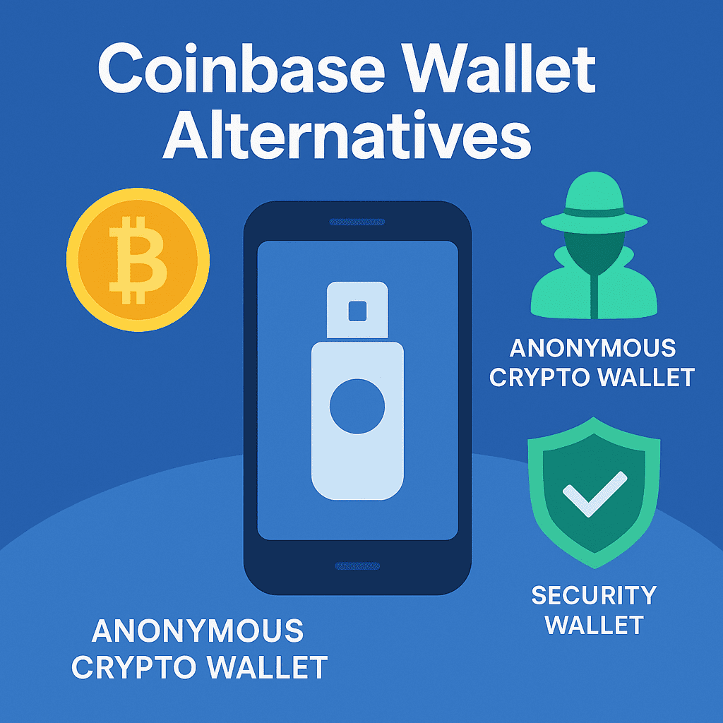 Illustration of Coinbase wallet alternatives, including anonymous crypto wallets and security wallets on a blue background.