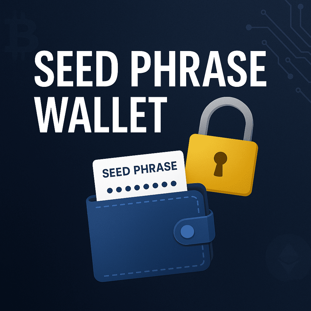 Illustration of a seed phrase wallet symbolizing secure cryptocurrency storage and protection.