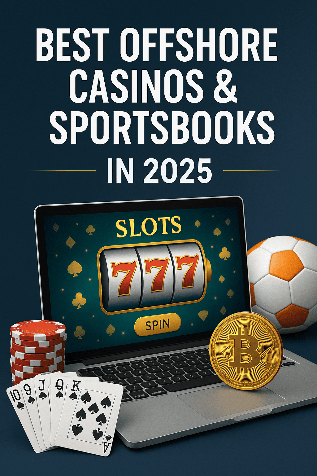 Laptop showing slot machine with 777 jackpot, poker chips, playing cards, Bitcoin, and soccer ball under “Best Offshore Casinos & Sportsbooks in 2025” banner.