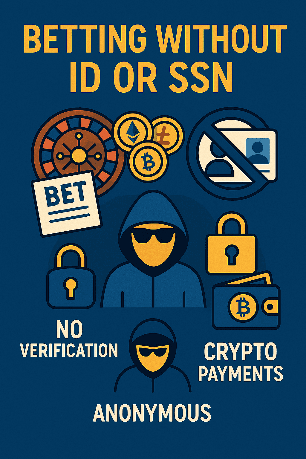 Infographic titled Betting Without ID or SSN, featuring crypto coins, a roulette wheel, a crossed-out ID card, and a hooded anonymous avatar.