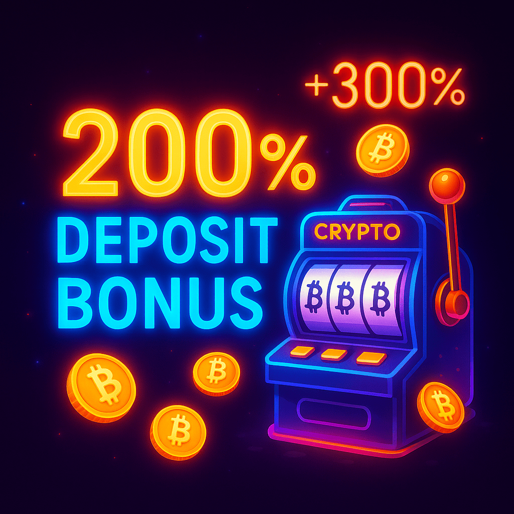 Neon illustration of “200 % Deposit Bonus” beside a glowing slot machine and Bitcoin coins, plus a small “+300 %” highlight – all elements fully visible in frame.