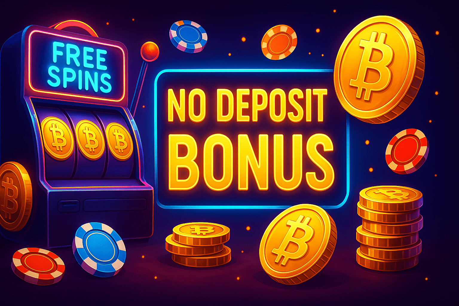 Illustration of a slot machine showing “FREE SPINS” and a neon sign reading “NO DEPOSIT BONUS”, with glowing Bitcoin coins and colorful casino chips on a dark blue background.