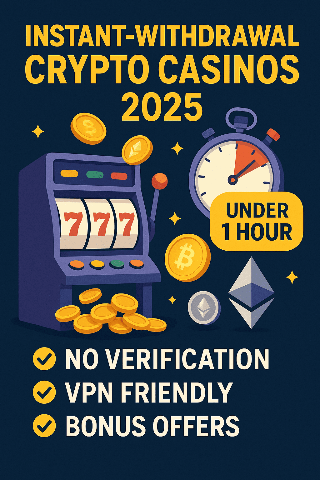 Infographic titled Instant-Withdrawal Crypto Casinos 2025 featuring a slot machine, stopwatch, crypto coins, and checklist of no verification and VPN-friendly perks.