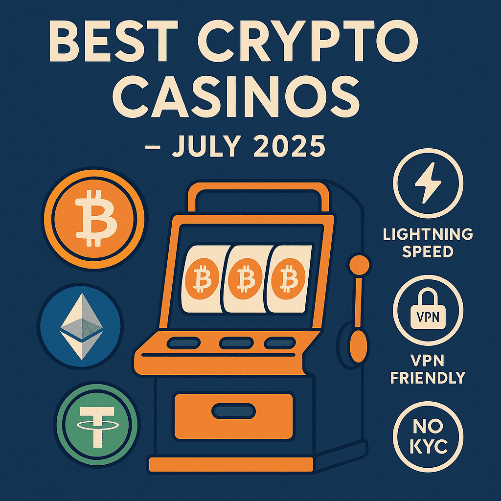 Infographic titled Best Crypto Casinos – July 2025 featuring a slot machine, Bitcoin, Ethereum and Tether coins, plus icons for lightning-speed payouts, VPN friendly, and No KYC.