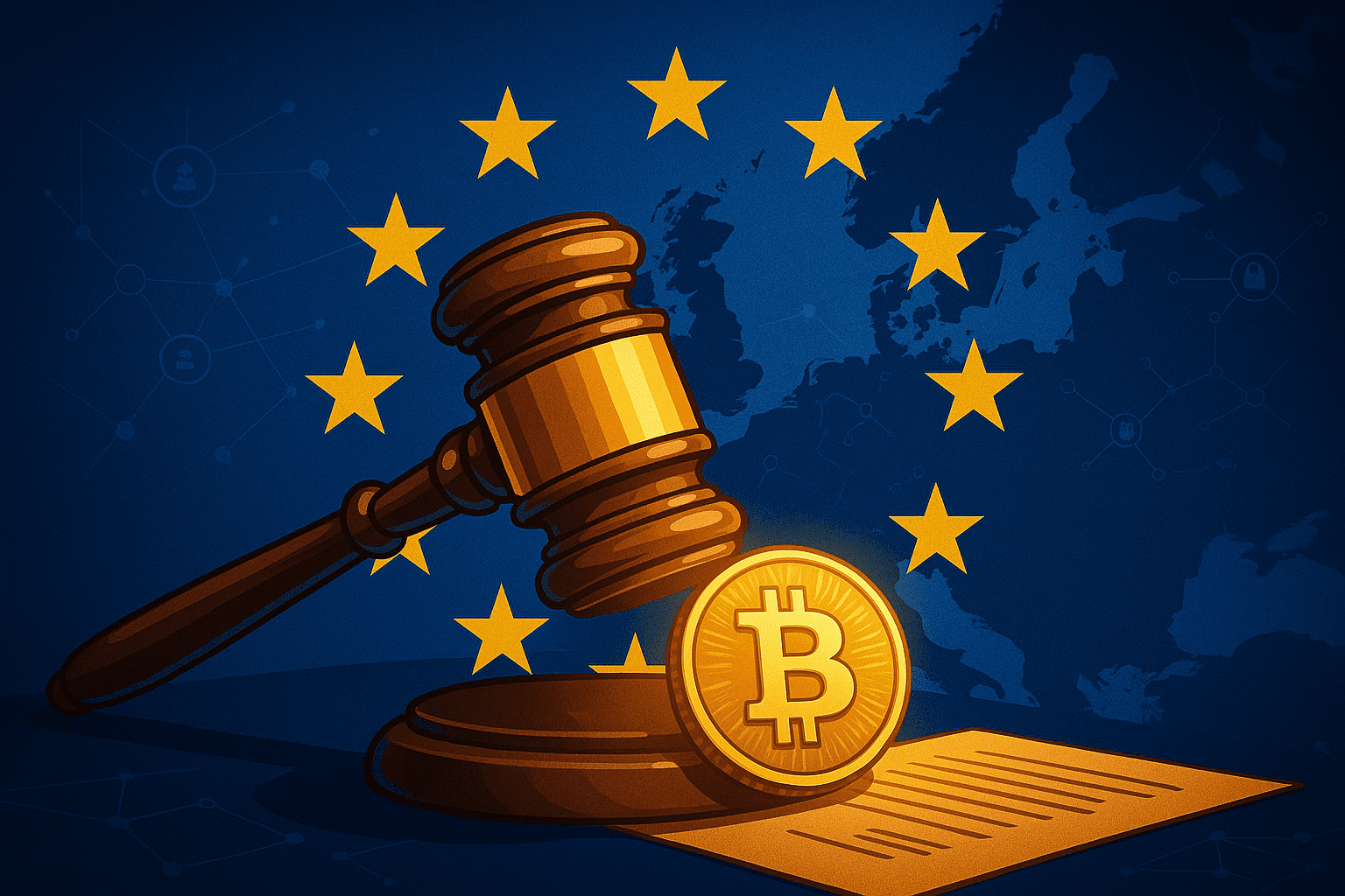 Judge’s gavel resting on a glowing Bitcoin above a legal document, framed by EU stars—symbolising MiCA’s impact on crypto casinos.