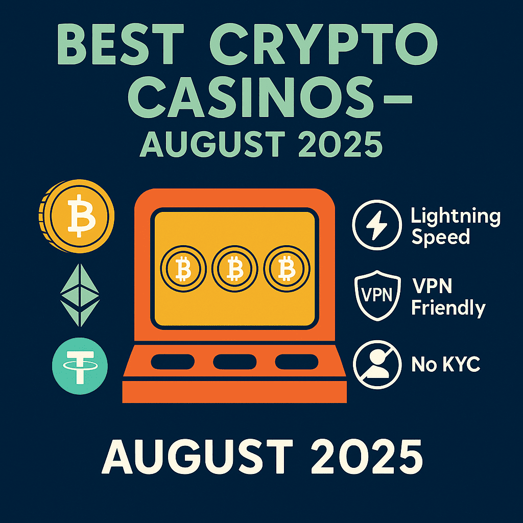 Infographic titled Best Crypto Casinos – August 2025 featuring a slot machine, Bitcoin, Ethereum and Tether coins, plus icons for lightning-speed payouts, VPN friendly, and No KYC.