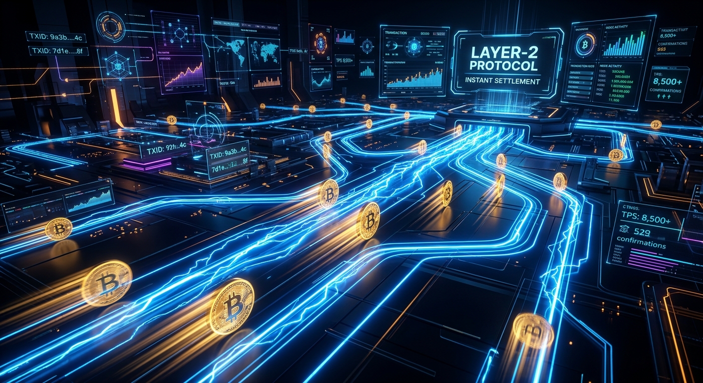Bitcoin symbols moving rapidly through a digital Layer-2 Protocol interface for instant settlement