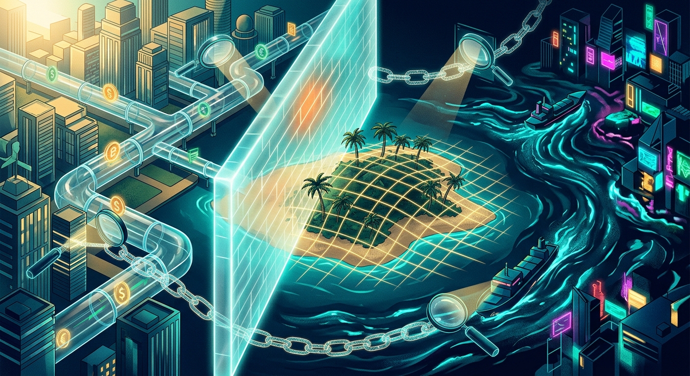 Conceptual illustration of magnifying glasses inspecting currency in pipes, an offshore island, and ships in a dark city