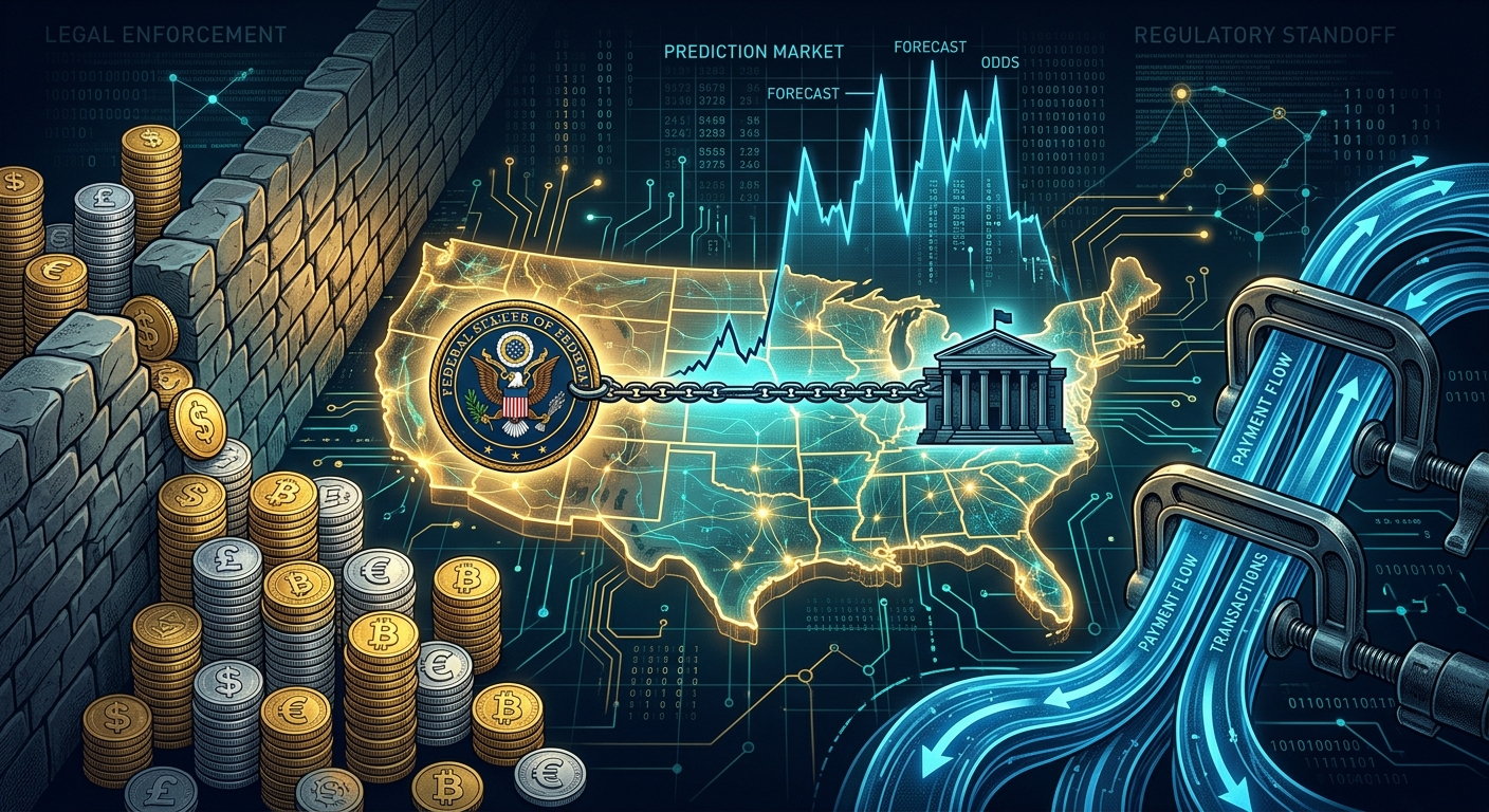 Conceptual illustration of US financial regulation: the Fed chained to a building, prediction market graphs, and clamped payment flows