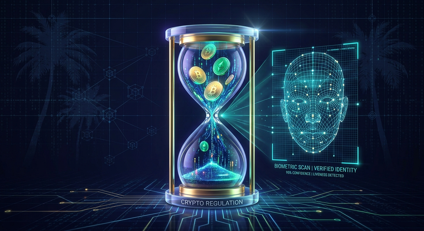 Futuristic hourglass labeled Crypto Regulation with cryptocurrency coins alongside a digital biometric face scan