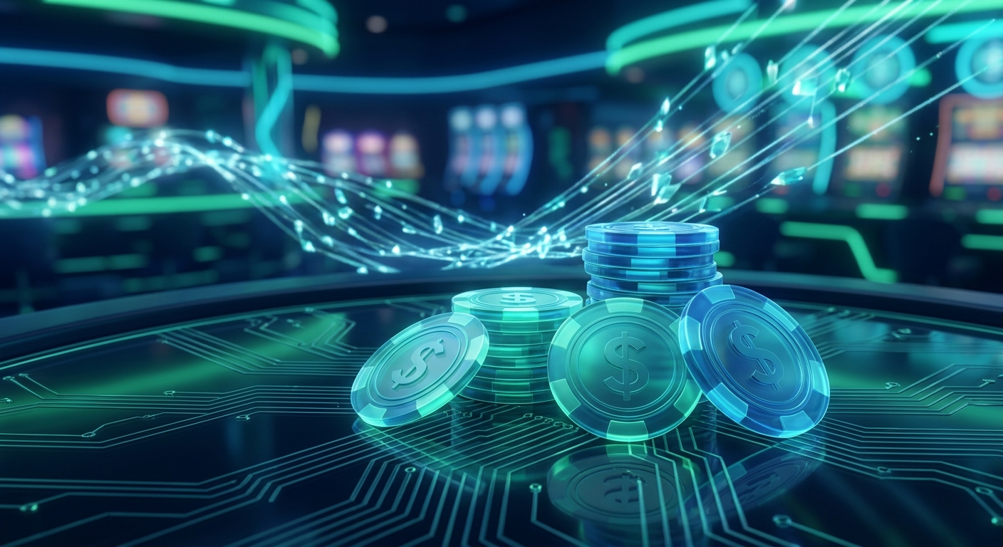 Glowing digital casino chips with dollar signs on a circuit board surface in a futuristic setting