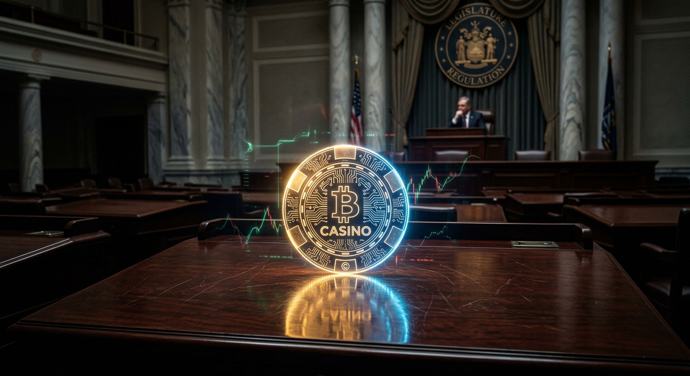 Glowing Bitcoin casino token on a desk inside a legislative chamber with a government official in the background